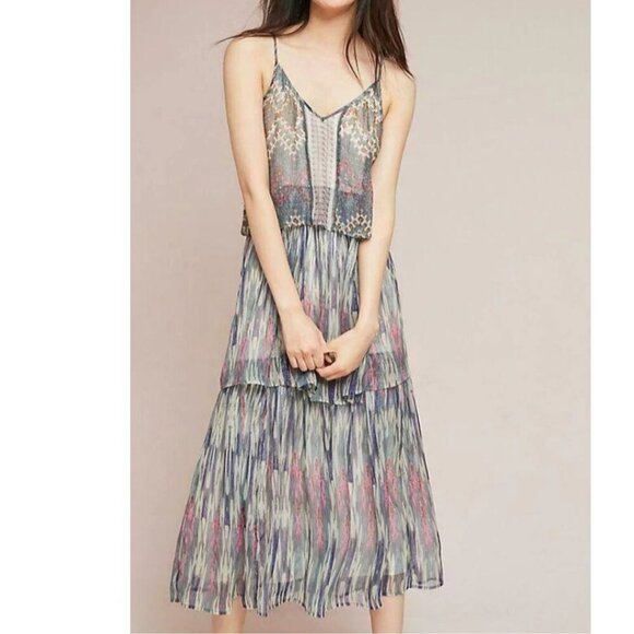 Anthropologie Floral Strappy Maxi Dress 2 Gray Pink Tiered Floral Boho Party - Picture 8 of 8